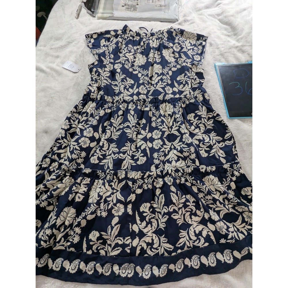 Time and Tru Dress Womens L 12-14 Navy Blue New Floral Tiered Flutter Sleeve